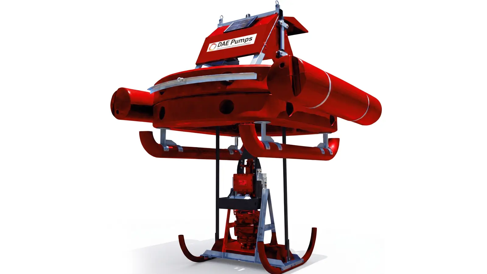 Pontoon Mini Dredge Pump DAE Pumps red pontoon mini dredge with the pump suspended beneath the floats