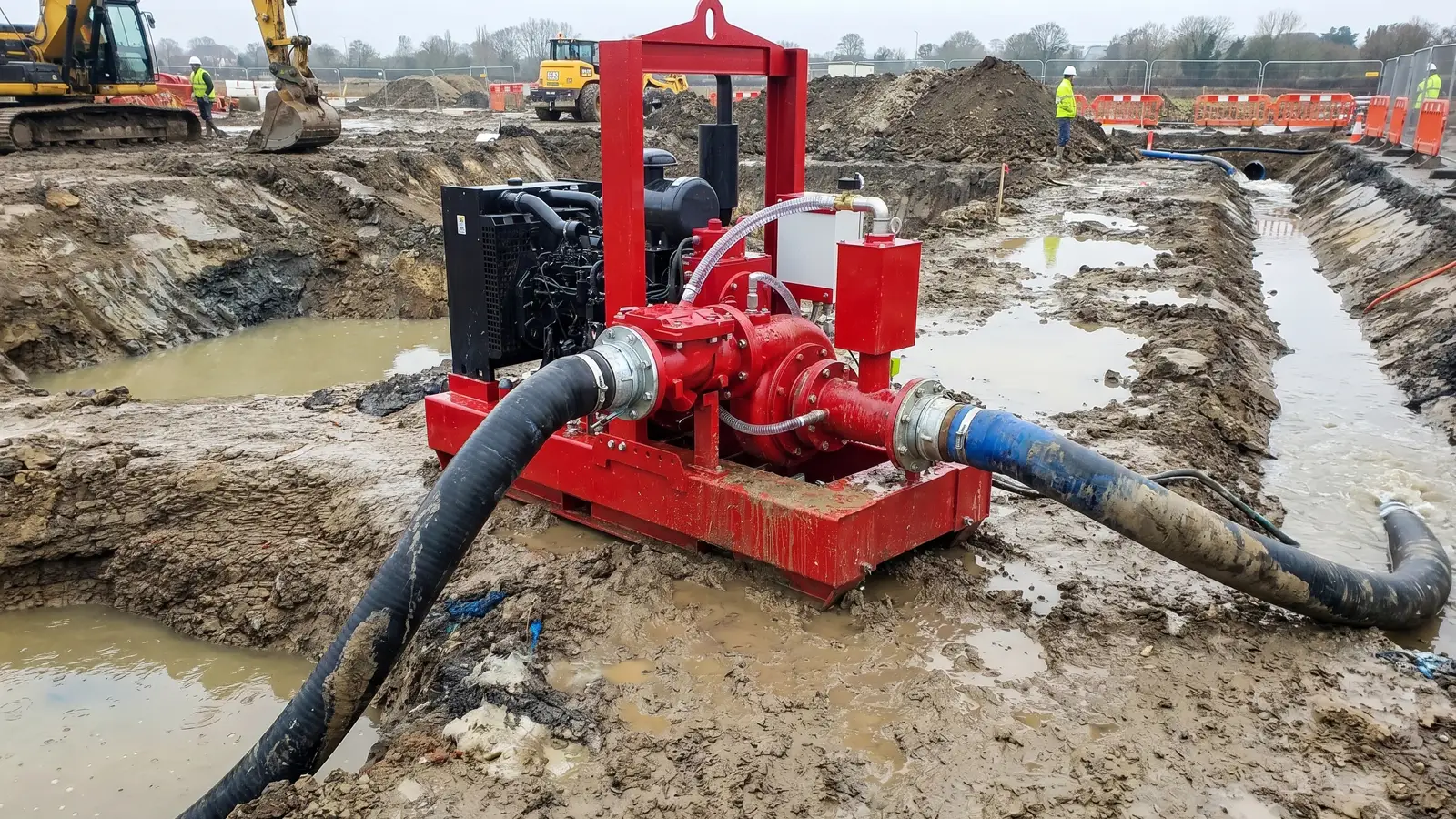 Appalachian Self-Priming Surface Pump DAE Pumps Appalachian diesel self-priming pump with hoses dewatering a construction excavation