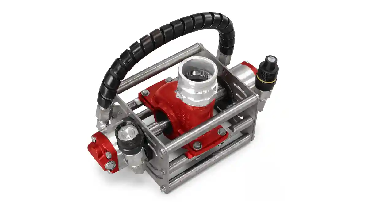 La Paz Pump Design DAE Pumps La Paz hydraulic submersible pump in a silver frame with red pump body and hose handle