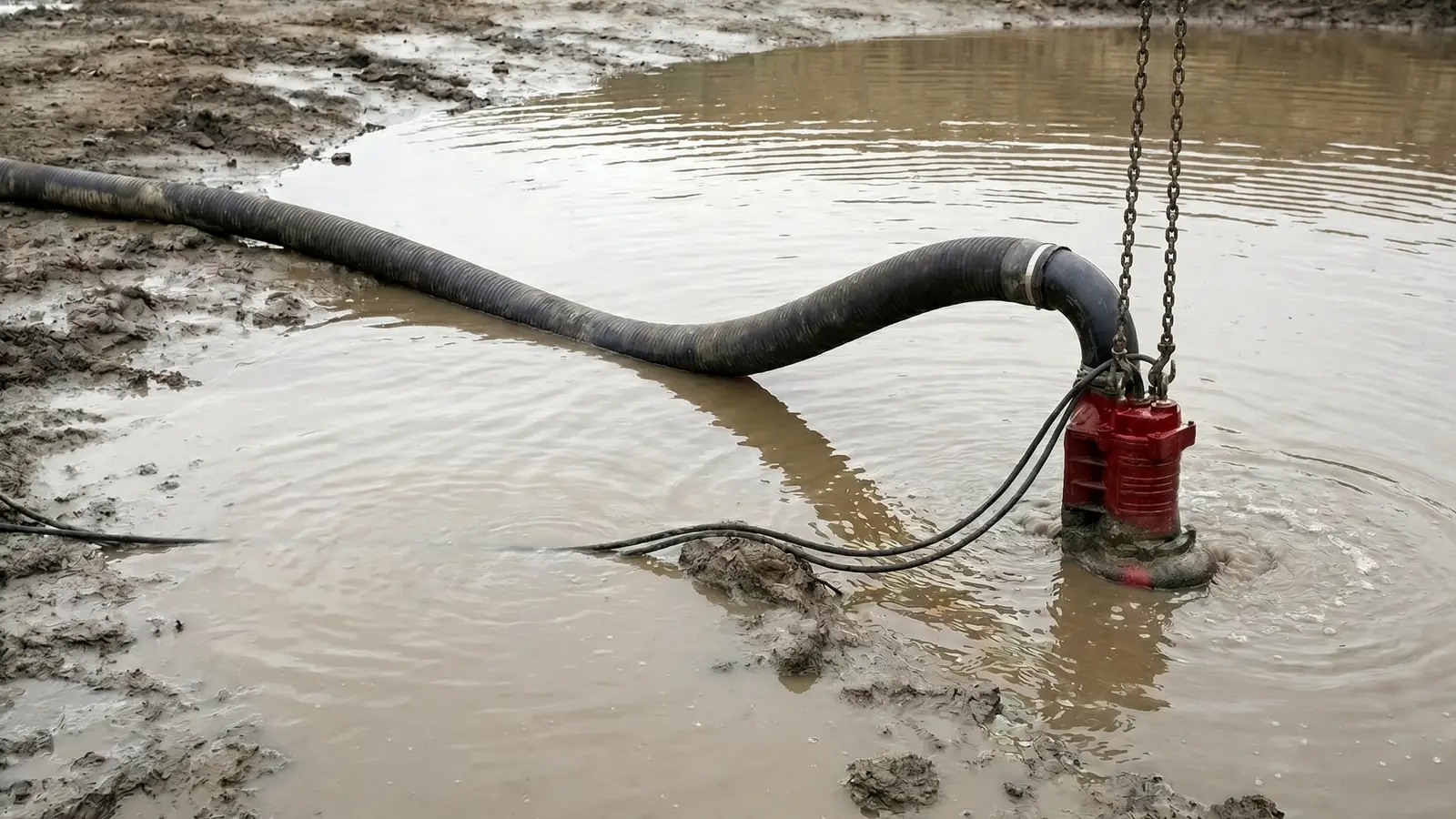 Dewatering with a Submersible Pump Submersible slurry pump on chains dewatering a shallow muddy pit