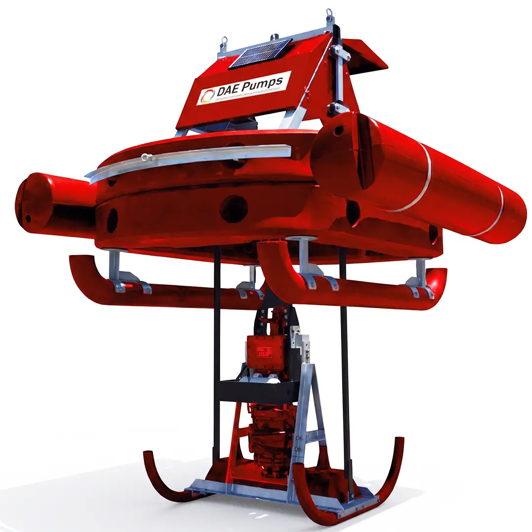 DAE Pumps Dredge Sled mini dredge with a submersible pump suspended below its red pontoon floats