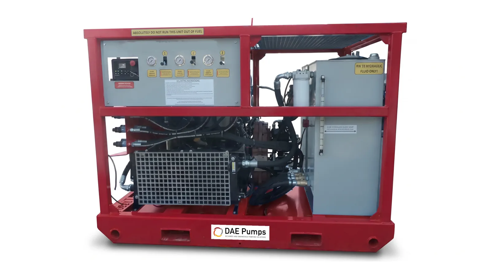 Hydraulic Power Unit DAE Pumps hydraulic power unit in a red steel frame with control panel and oil tank