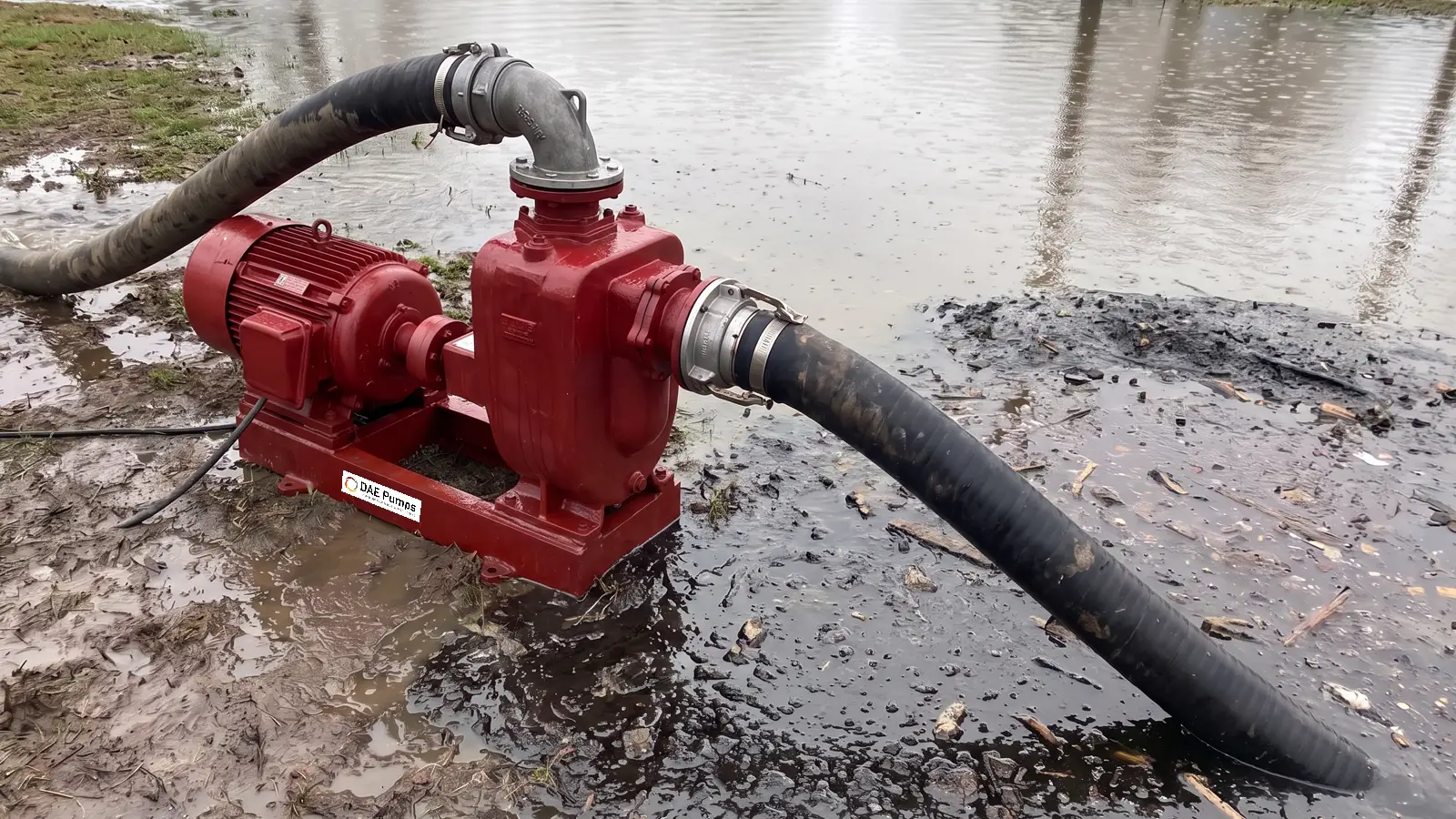 Radford Self-Priming Sewage Pump DAE Pumps Radford electric self-priming sewage pump with hoses beside a muddy pond