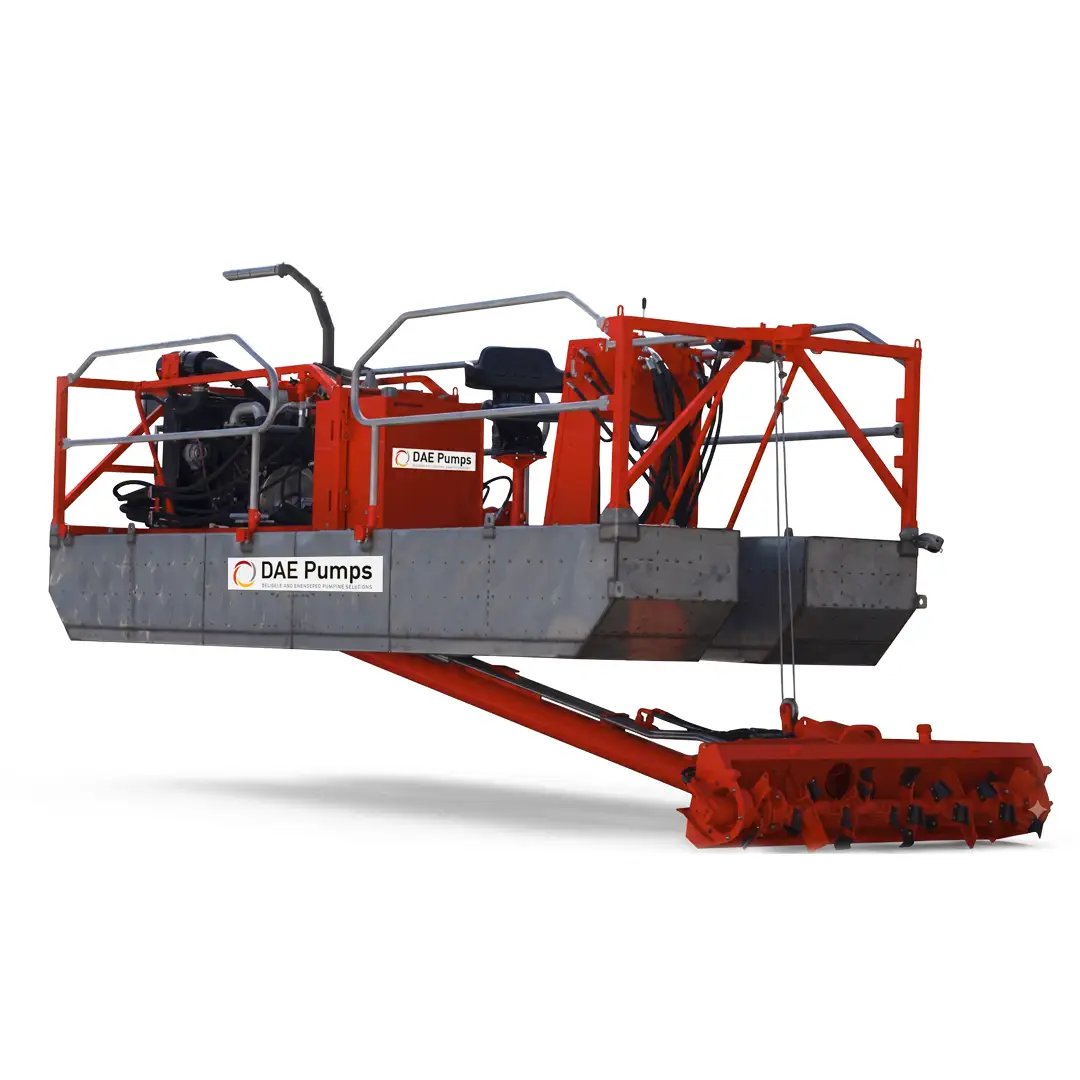 DAE Pumps Sediment Slayer pond dredge with its cutter head ladder lowered