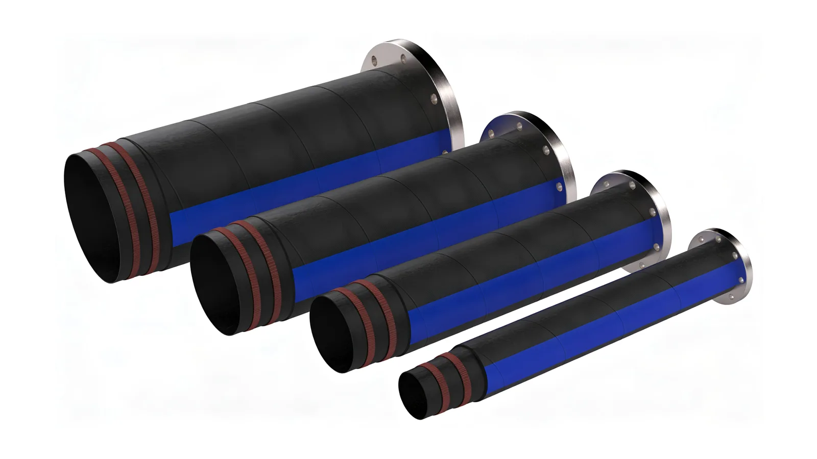 Slurry Hoses DAE Pumps black slurry hoses with blue stripes in four diameters
