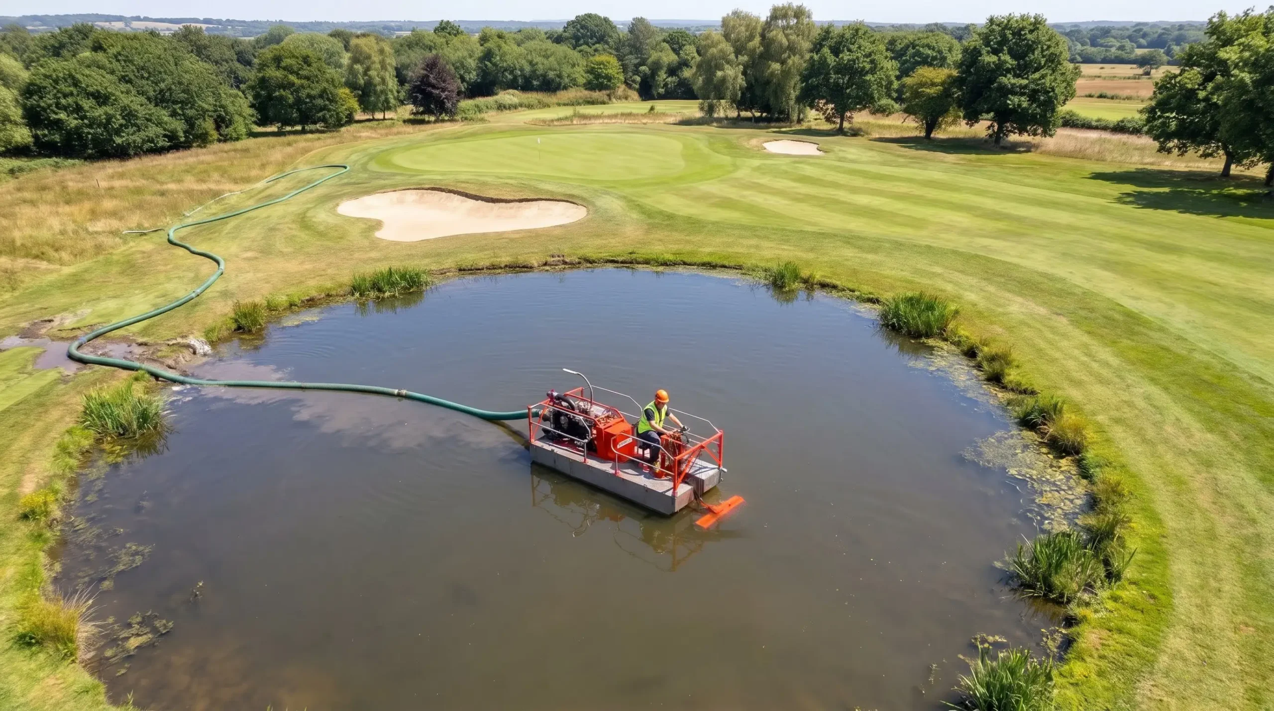 Small-Footprint Pond Dredging Aerial view of the Sediment Slayer dredging a small golf course pond with a discharge line to shore