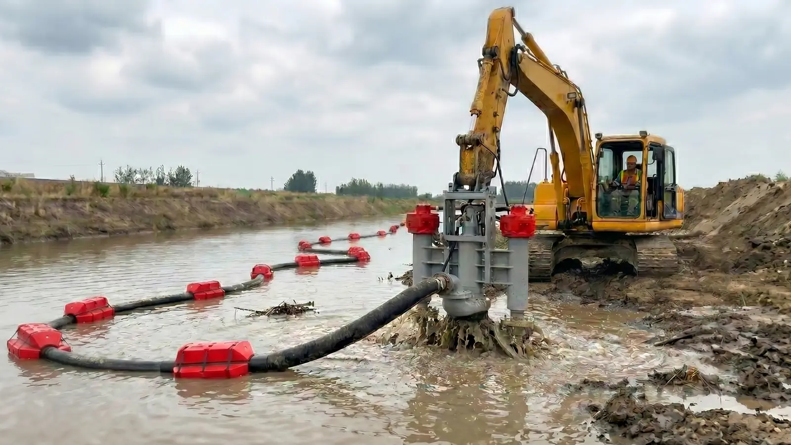 How a Dredge Pump Works Excavator-mounted dredge pump pumping sediment from a channel through a floating discharge hose