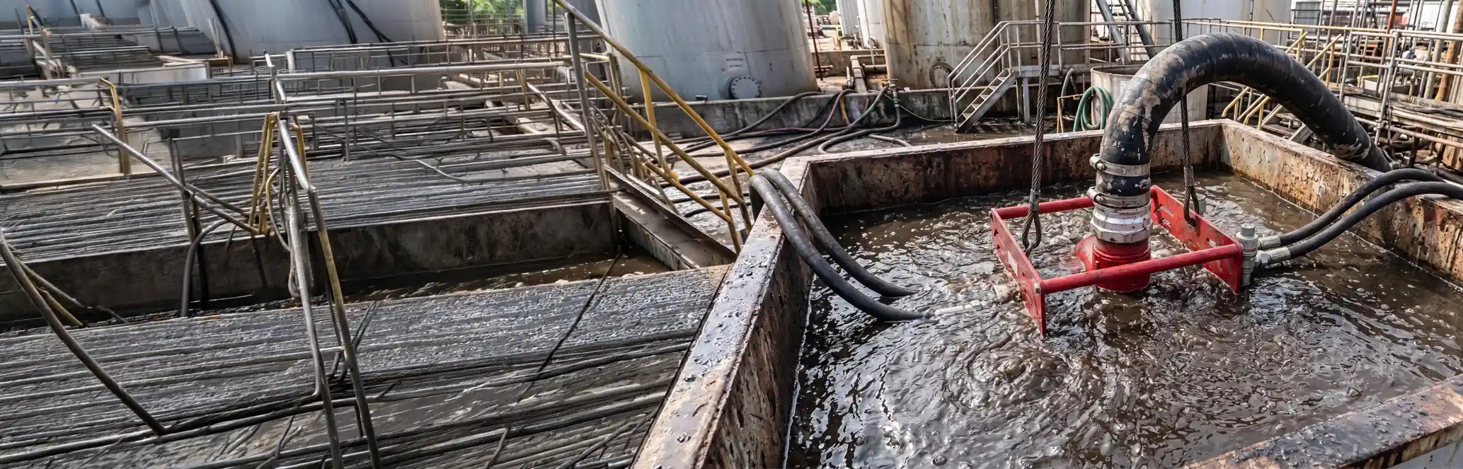 La Paz Pump in a Treatment Tank DAE Pumps La Paz hydraulic submersible pump on a red frame in a wastewater treatment tank